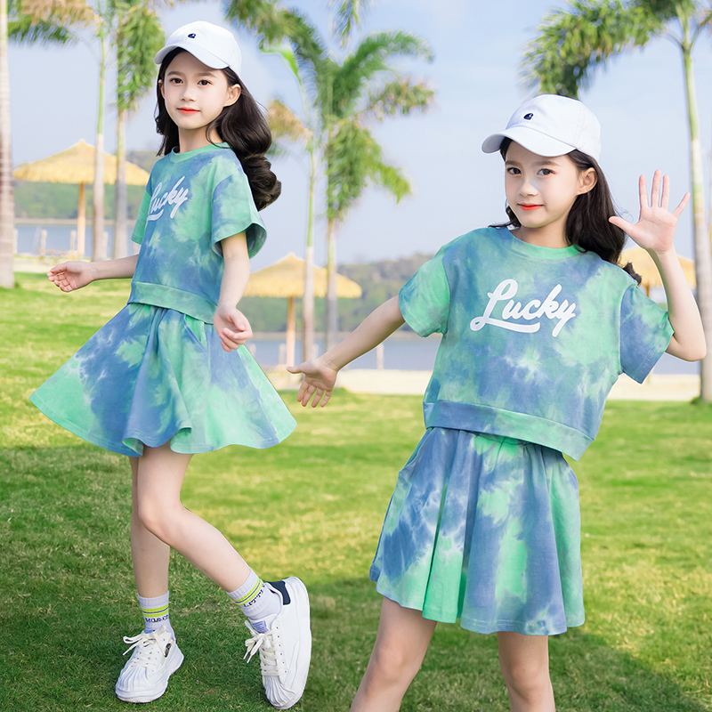 扎染短袖 套装 女童夏季 大童时髦洋气女孩休闲短裤 两件套 2024韩版