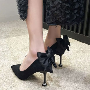 法式 单鞋 女6cm小跟气质伴娘8cm细跟蝴蝶结绒面中跟尖头黑色高跟鞋
