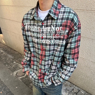 男美式 复古街头衬衣外套 HY711小众高级感字母印花宽松格子衬衫