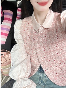 温柔风春夏新款 复古粉色马甲套装 法式 两件套套装 2024粉色宽松衬衫