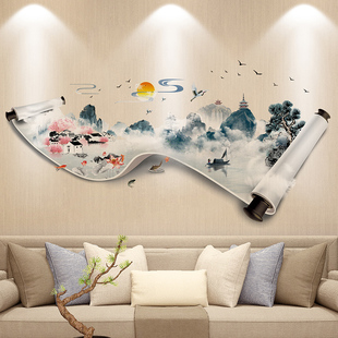 3D立体中国风山水画墙画墙贴纸贴画卧室房间装 饰自粘电视背景墙