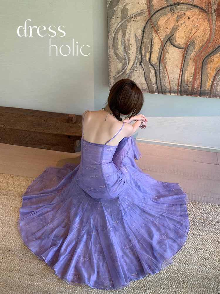 dressholic 莫奈浅紫色油画印花度假风吊带连衣裙 法式 茶歇高级感