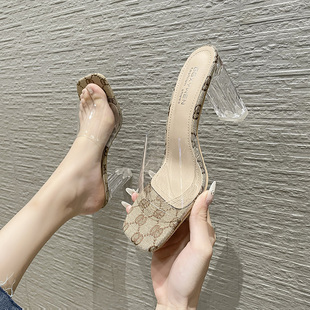 水晶跟性感印花一字型拖鞋 女粗跟2022夏季 透明凉拖鞋 外穿高跟凉鞋