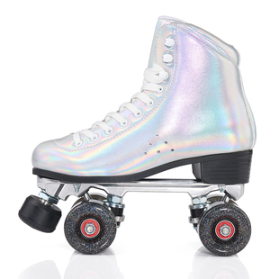 新款 男女成人镭射面料双排溜冰鞋 金属支架PU闪光轮透气舒适轮滑鞋