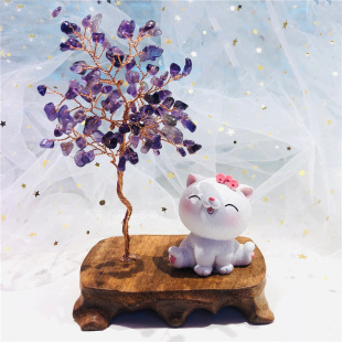 天然粉水晶树饰品家居客厅办公礼品摆件生日卡通桃花猫咪树紫晶