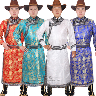 蒙古族舞蹈演出服装 男士 蒙古袍白色长袖 成人蒙古族婚礼服日常服