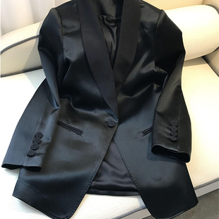 外套女2023春夏新款 休闲黑色复古高级感缎面西服上衣 三醋酸小西装