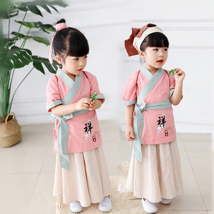 女童棉麻古装 日常宝宝拍照汉服幼儿中国风半袖 套装 国学书童民族服
