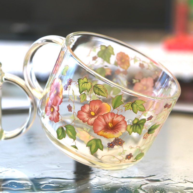 韩国花色宽口耐热玻璃大容量早餐杯把手水杯 加厚牛奶杯子可微波