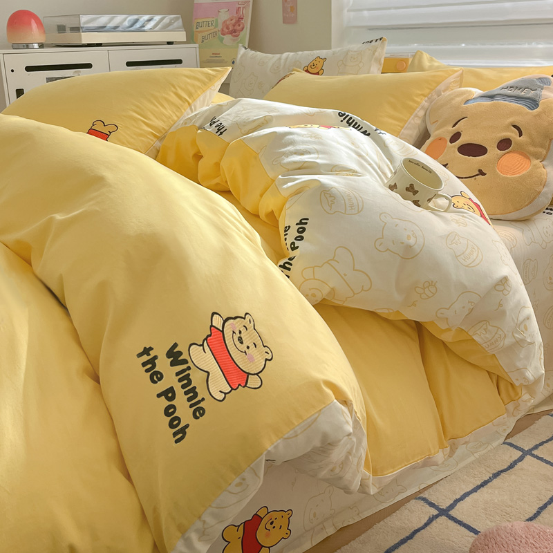 可爱卡通小熊刺绣床上四件套儿童全棉纯棉学生被套床单三件套床笠