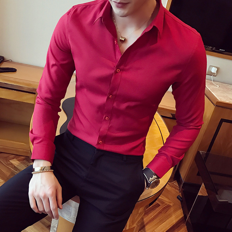 酒红色长袖 衬衫 修身 纯色打底衣免烫英伦寸衫 衬衣韩版 2022春秋男士