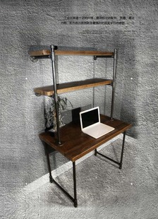 美式 简易书桌带书架组合工业水管电脑H办公实木复古铁艺墙壁置物