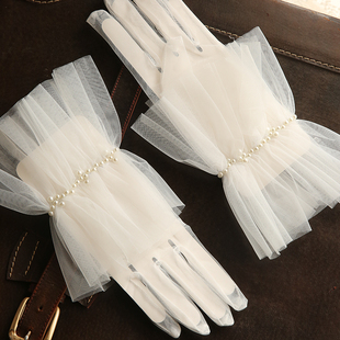 新娘韩式 唯美超仙浪漫白色纱质手套珍珠森系结婚婚纱写真配饰 推荐