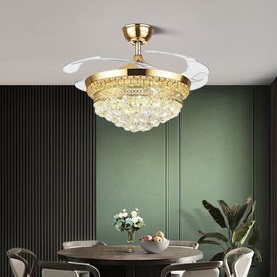 奥宏变频吊扇灯欧式 餐厅水晶吊灯风扇灯一体家用客厅隐形电风扇灯