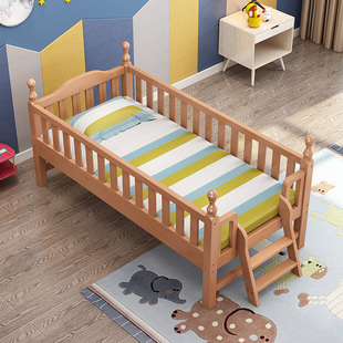 速发实木儿童床带护栏男孩女孩单人床榉木床加宽床边小床婴儿拼接