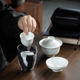 德化白瓷旅行茶具套装 户外旅游便携玻璃快客杯盖碗小三杯logo定制