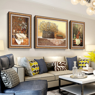 美式 客厅装 饰f画沙发背景墙挂画复古油画轻奢欧式 墙面壁画三联画
