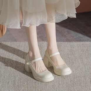 玛丽珍女鞋 子高跟2024春夏新款 白色粗跟法式 仙女单鞋 配裙子 小皮鞋