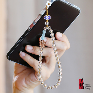 原创天然高品质白水晶手机链短款 挂件简约中国风手机挂绳挂手腕女