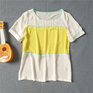 2夏季 新款 韩版 撞色百搭甜美雪纺T恤圆领上衣0.11 短袖