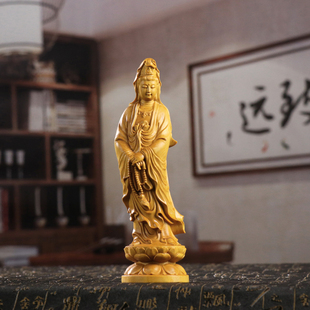 黄杨木雕摆件中式 家居客厅实木手工艺品招财平安佛像拿珠观音菩萨