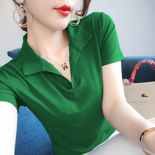 女修身 港味减龄POLO领上衣2024年夏季 绿色短袖 气质冰丝针织衫 新款