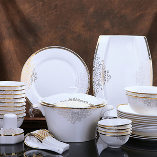 新款 景德镇陶瓷器餐具骨瓷碗盘碗碟套装 56头高档中式 家用结婚庆送