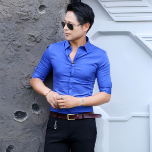 2024韩版 修身 型蓝色中袖 男士 潮男五分袖 衬衫 夏季 衬衣男式 休闲衬衫