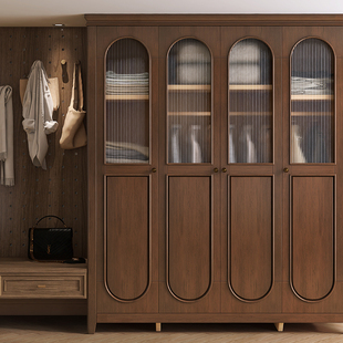 实木衣柜家用卧室储物四门大衣柜现代简约法式 衣橱玻璃门 乡村美式