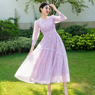 美妃紫色雪纺印花长袖 仙女气质连衣裙2023新款 春夏显瘦小个子薄款