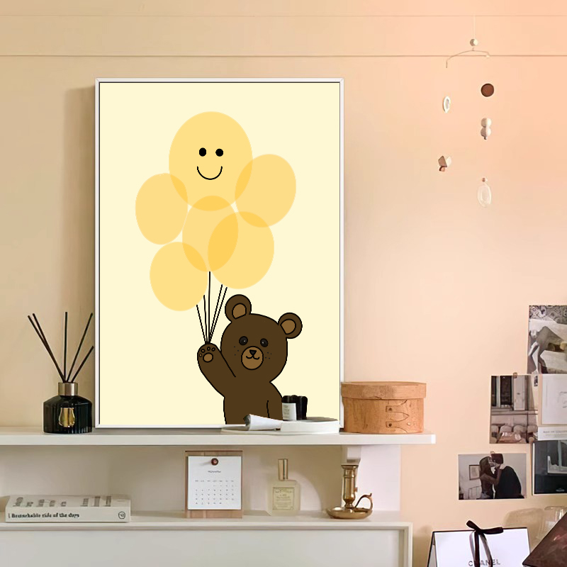 北欧ins可爱小熊气球笑脸卡通温馨儿童房装 饰画卧室客厅餐厅挂画