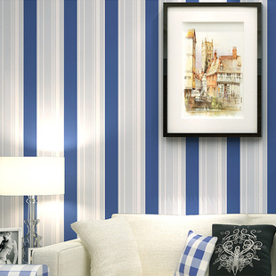 地中海风格 无纺布墙纸简约现代卧室客厅电视背景墙蓝色竖条纹壁纸