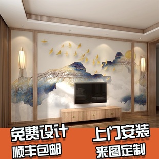 新中式 抽象金色山水轻奢壁纸现代简约电视背景墙纸壁画影视墙壁布