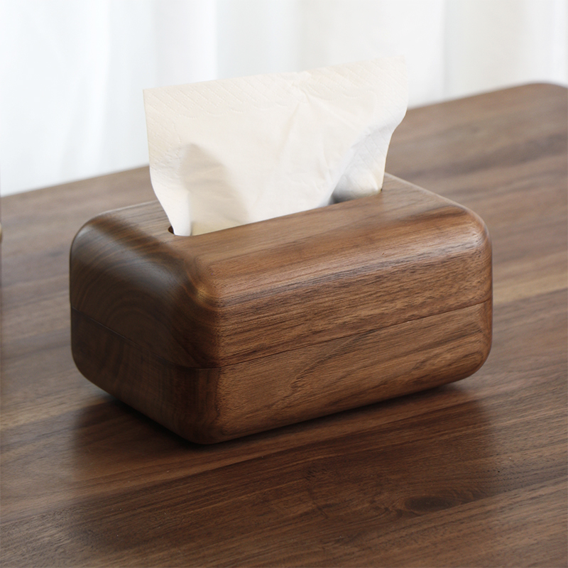 北欧创意实木纸巾盒家用客厅桌面简约抽纸盒 黑胡桃木 三思工房