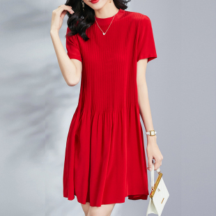 高端重磅桑蚕丝压褶宽松连衣裙圆领短袖 喜气红色真丝裙女 欧美夏季