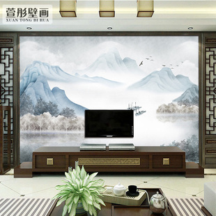 新中式 水墨山水画壁布客厅电视墙壁纸办公室书房背景墙布墙纸壁画