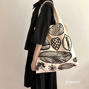 ANDCICI日系慵懒风ins简约艺术插画百搭帆布袋女单肩包手提购物袋