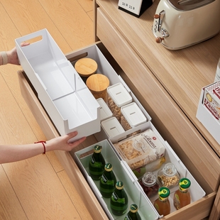日式 抽屉零食收纳盒可伸缩厨房家用直角调料储物盒塑料杂物整理盒