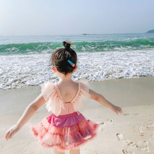 2022儿童连体游泳衣粉色网纱珍珠蓬蓬裙泳装 女童公主风度假可爱