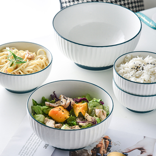 陶瓷餐具圆形米饭碗创意个性 家用汤碗面碗沙拉碗 釉下彩简约风格