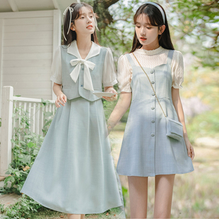 学生学院风气质显瘦 夏季 小香风假两件套装 法式 连衣裙子姐妹闺蜜装