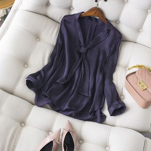 女 真丝衫 初春新款 小众设计感显瘦百搭浓郁紫色波点飘带衬衫 长袖
