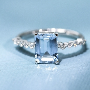 天然海蓝宝戒指女925银镀白金戒托水晶宝石指环流行小清新饰品