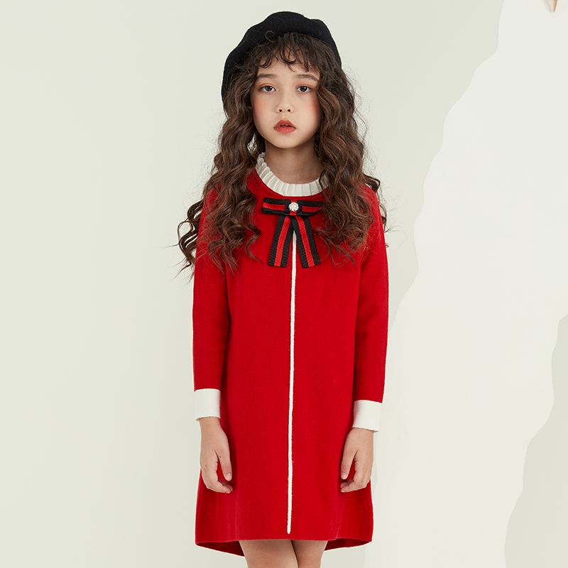女童毛衣裙2024秋冬新款 洋气红色连衣裙复古针织长袖 长款 公主裙子