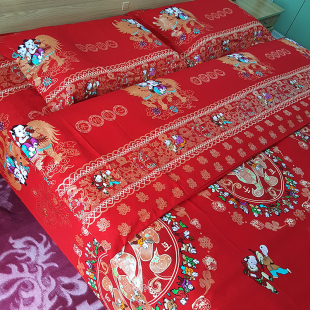婚庆床上用品被套床单裸睡四件套1.8纯棉2.0m双人大红色全棉冬季