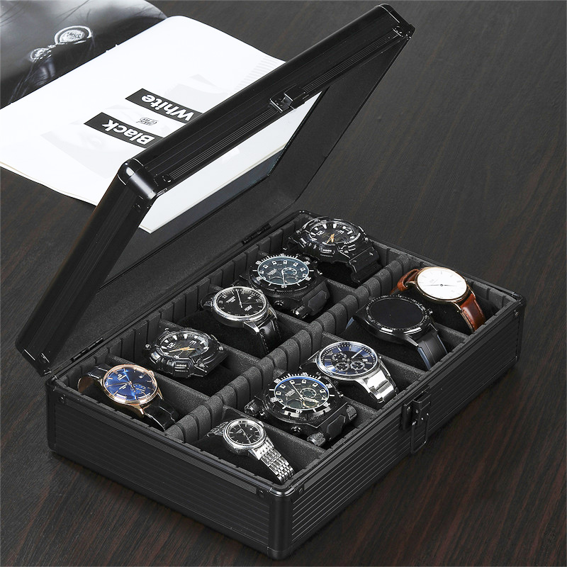 手表盒典雅黑铝合金十格透明玻璃盖大容量首饰盒高档腕表收纳箱