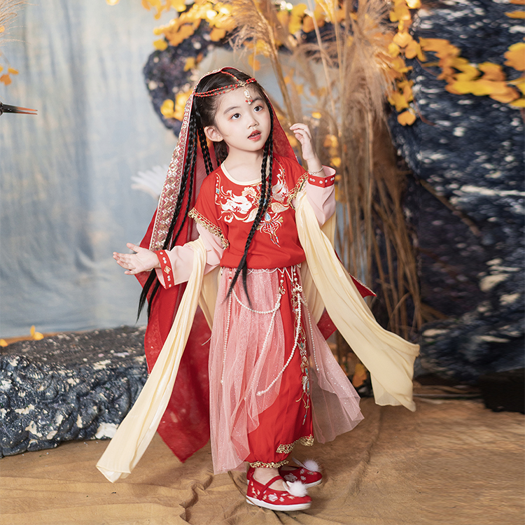 中国风唐装 裤 女童坦领半臂改良汉服红色异域风情儿童古风套装 长袖