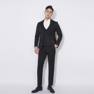 川泽男士 黑色西装 修身 日常西服套装 韩版 轻商务职业套西 三件套新款