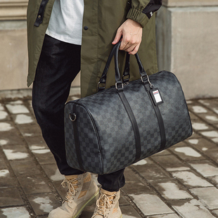 新款 男女士大容量短途旅游出差行李袋潮流黑格子手提包单肩包 韩版