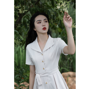 小白裙法式 气质西装 JUJU定制衬衫 场合面试连衣裙夏季 女 领白色正式
